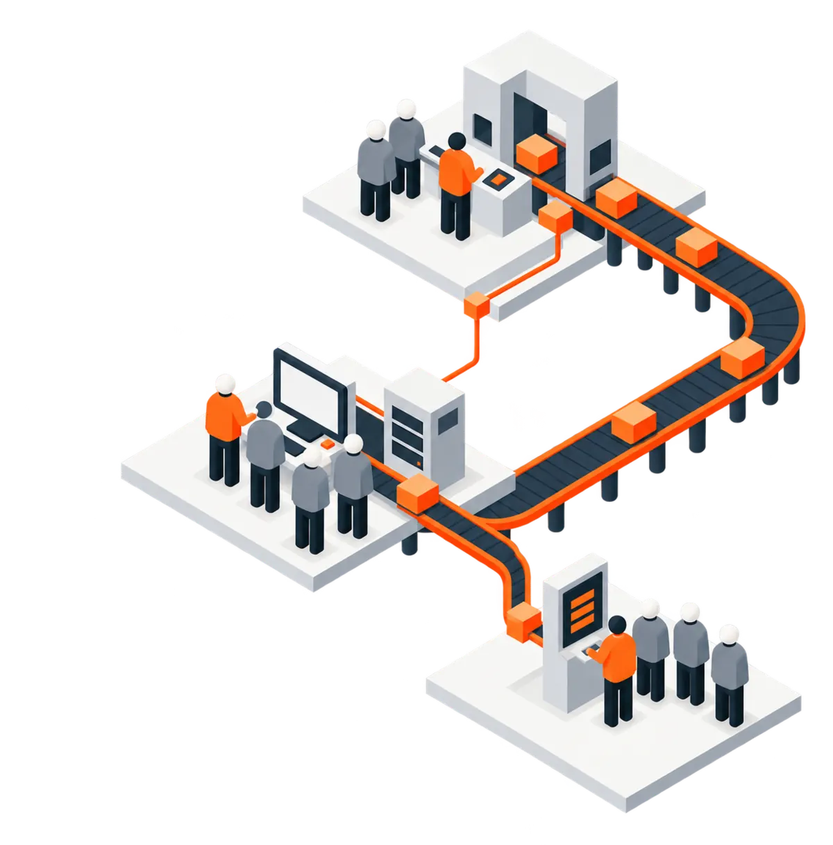 Three orange-clothed specialists working alongside a larger grey-clothed factory team at connected production, software and earnings stations.